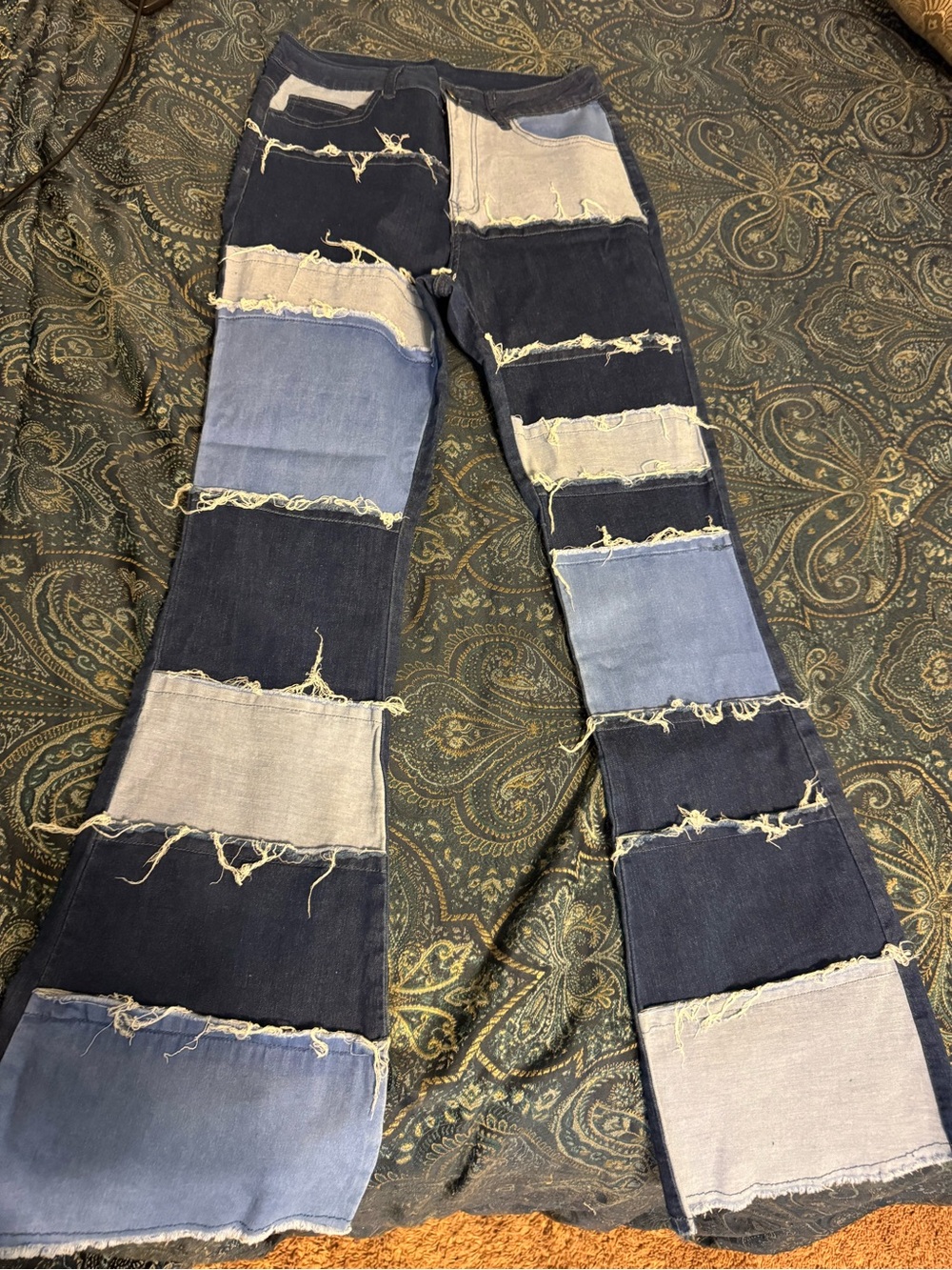 Patchwork Frayed Panel Flared Jeans - Two-Tone Blue